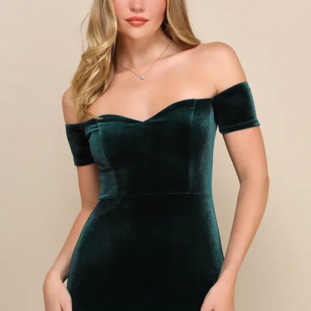 Lulus How Much I Care Emerald Green Velvet Off-the-Shoulder Midi Dress - Picture 3 of 6